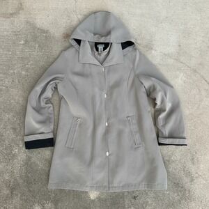 Classic Elements Mens XL Grey Hooded Raincoat Jacket Plaid Lined Zip Snap Front